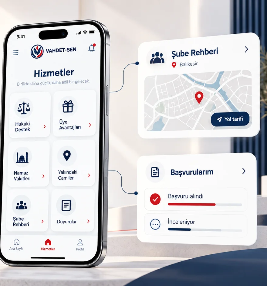 Mobil üye platformu hizmetler ekranı, şube rehberi ve başvurularım kartları