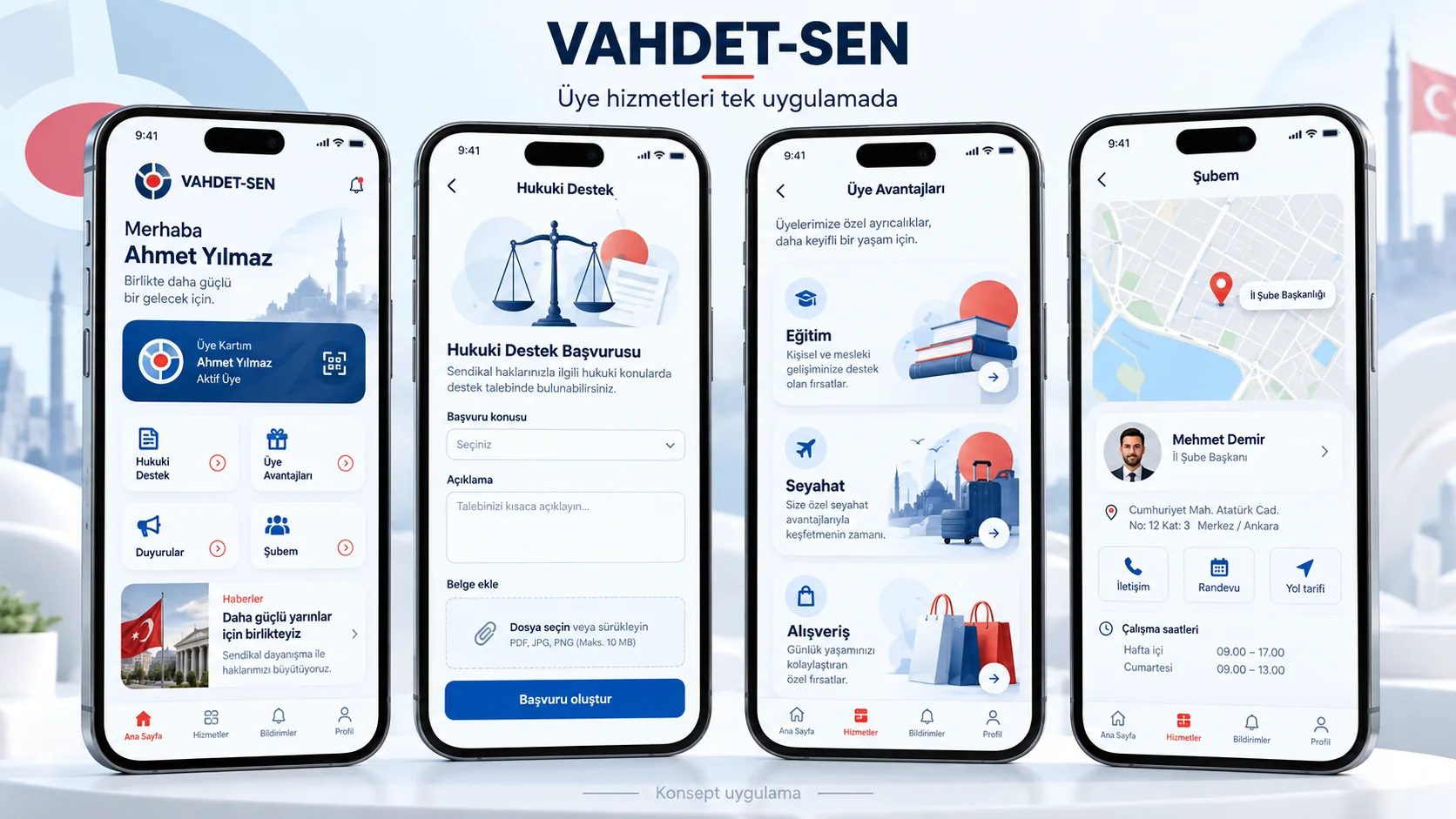 Union mobile platform: member home, legal support, member benefits and branch screens